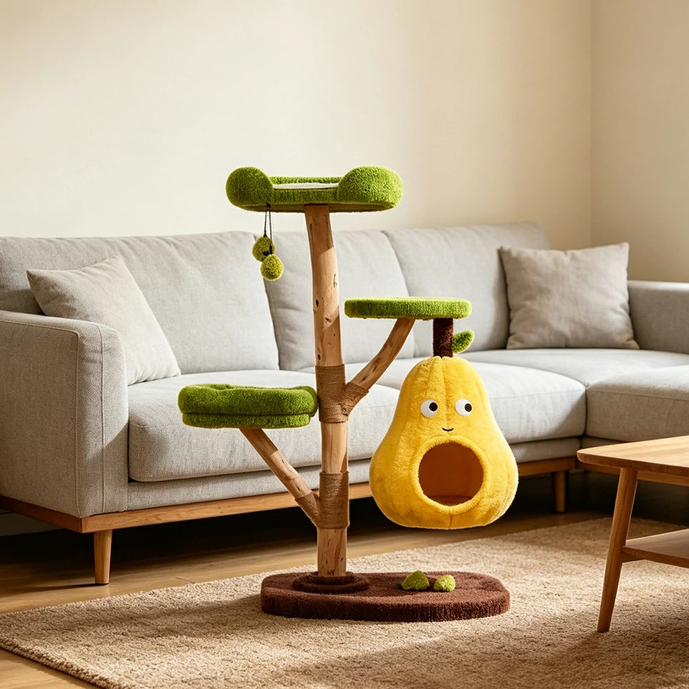 PAWORA Pear Cat Tree - 137cm Three-Level Cat Condo with Natural Wood Posts and Sisal Scratching - Yellow & Green