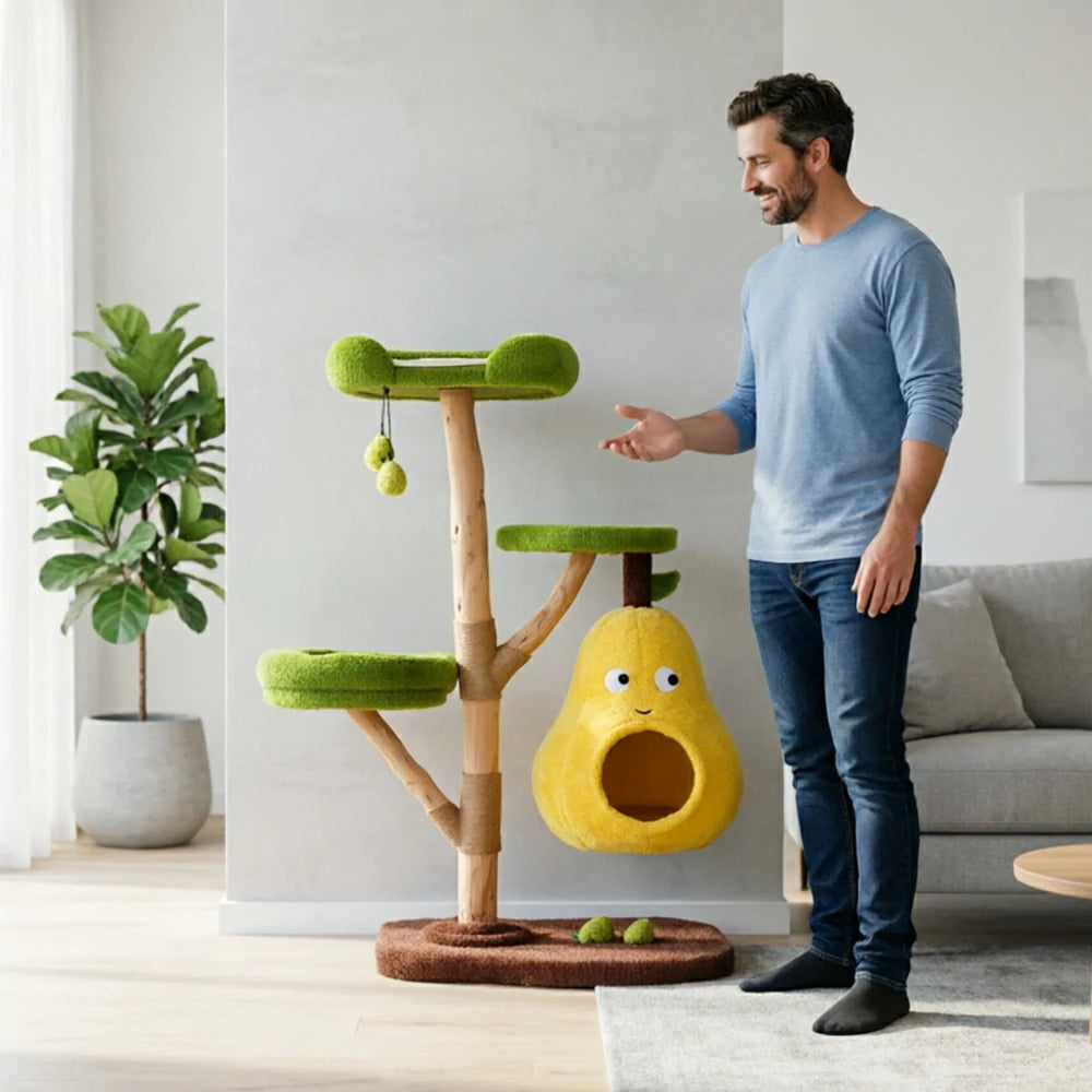 PAWORA Pear Cat Tree - 137cm Three-Level Cat Condo with Natural Wood Posts and Sisal Scratching - Yellow & Green