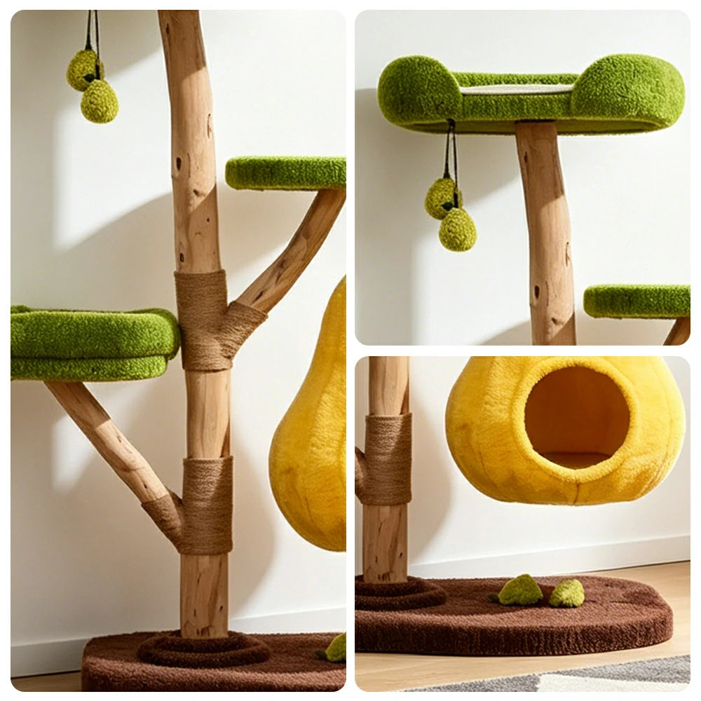 PAWORA Pear Cat Tree - 137cm Three-Level Cat Condo with Natural Wood Posts and Sisal Scratching - Yellow & Green