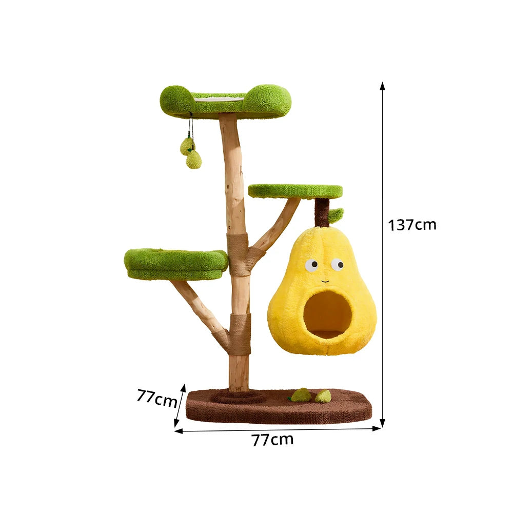 PAWORA Pear Cat Tree - 137cm Three-Level Cat Condo with Natural Wood Posts and Sisal Scratching - Yellow & Green