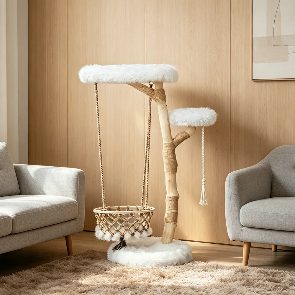 PAWORA Cloud Swing Wood Cat Tree - 151cm Large Solid Wood Cat Tower with Hanging Basket - White