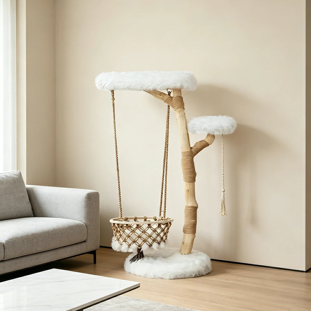 PAWORA Cloud Swing Wood Cat Tree - 151cm Large Solid Wood Cat Tower with Hanging Basket - White