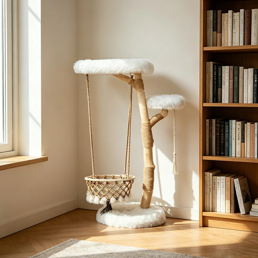 PAWORA Cloud Swing Wood Cat Tree - 151cm Large Solid Wood Cat Tower with Hanging Basket - White