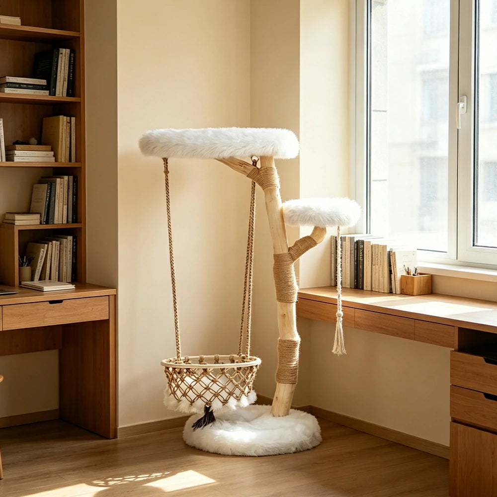 PAWORA Cloud Swing Wood Cat Tree - 151cm Large Solid Wood Cat Tower with Hanging Basket - White