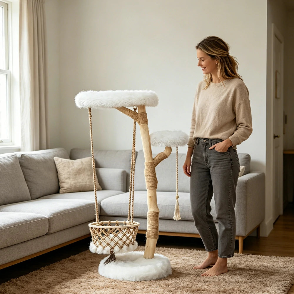 PAWORA Cloud Swing Wood Cat Tree - 151cm Large Solid Wood Cat Tower with Hanging Basket - White