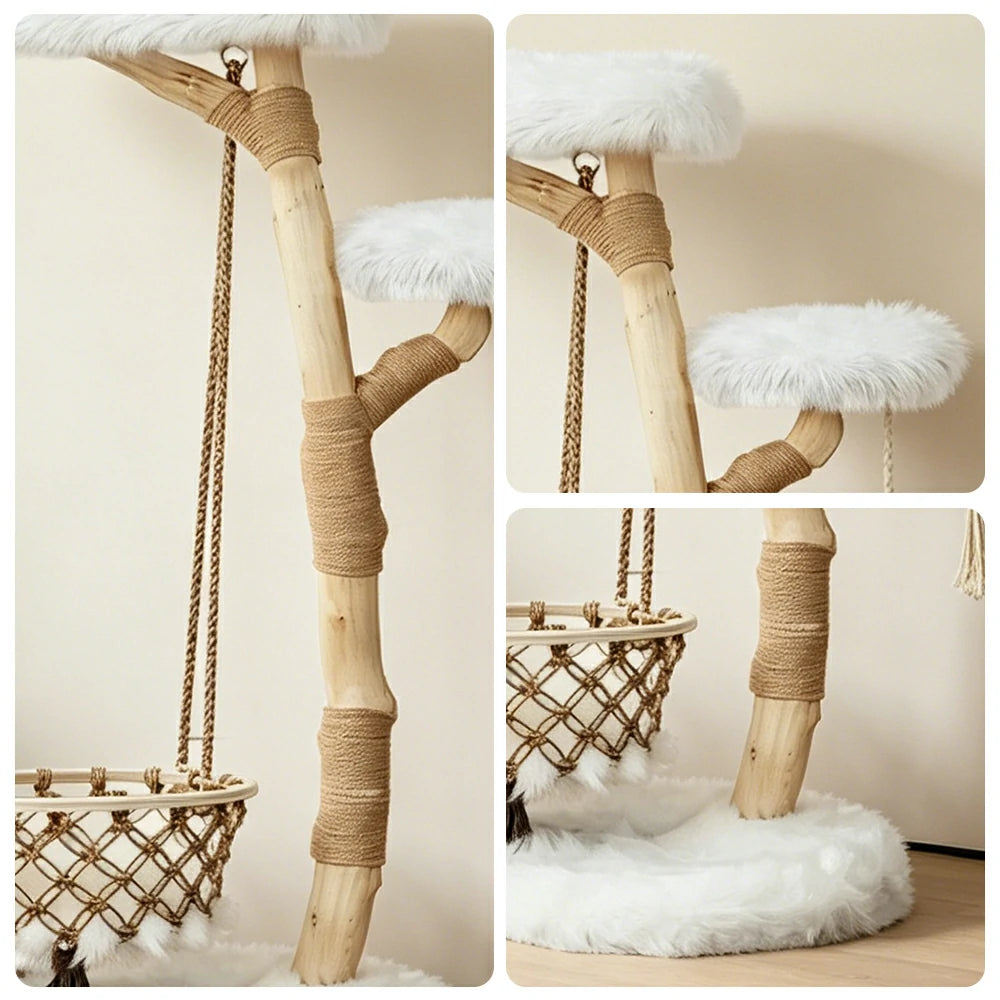 PAWORA Cloud Swing Wood Cat Tree - 151cm Large Solid Wood Cat Tower with Hanging Basket - White