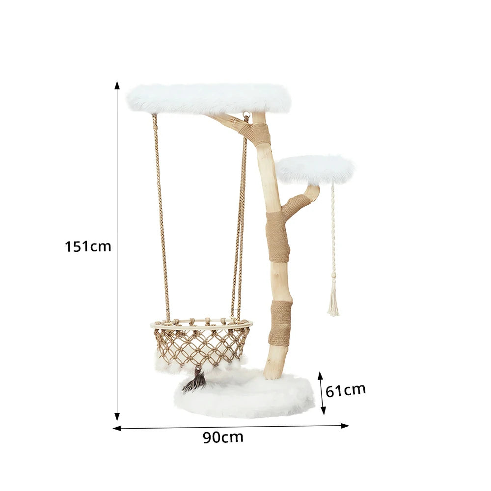 PAWORA Cloud Swing Wood Cat Tree - 151cm Large Solid Wood Cat Tower with Hanging Basket - White