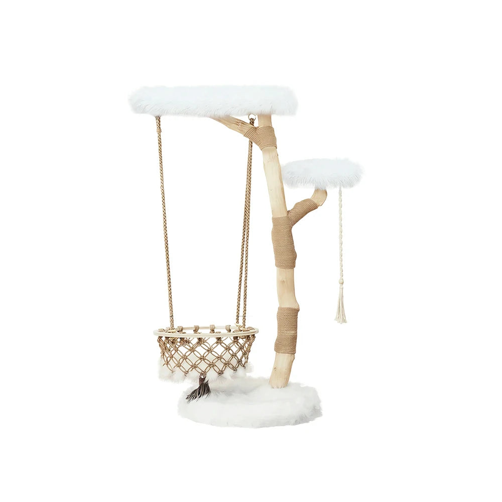 PAWORA Cloud Swing Wood Cat Tree - 151cm Large Solid Wood Cat Tower with Hanging Basket - White