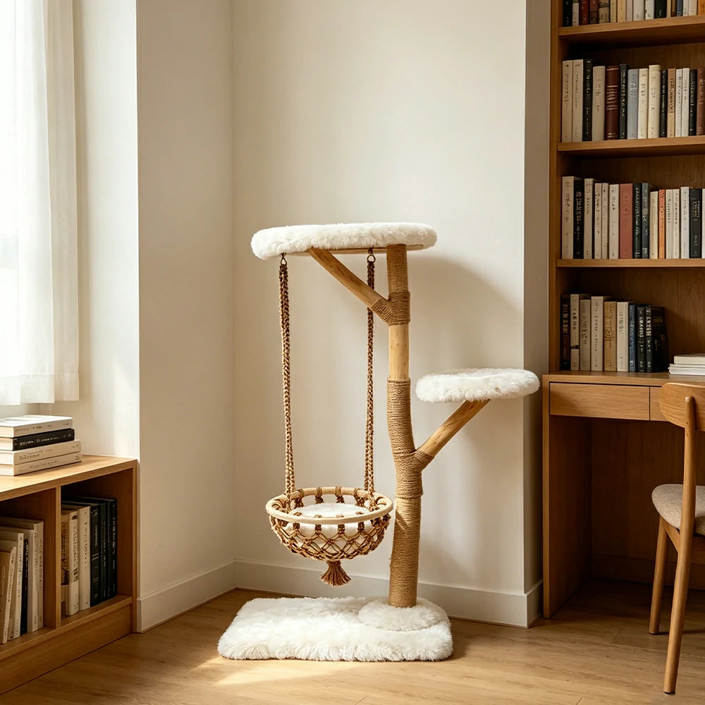 PAWORA Cloud Swing Wood Cat Tree - 120cm Medium Solid Wood Cat Tower with Hanging Basket - White