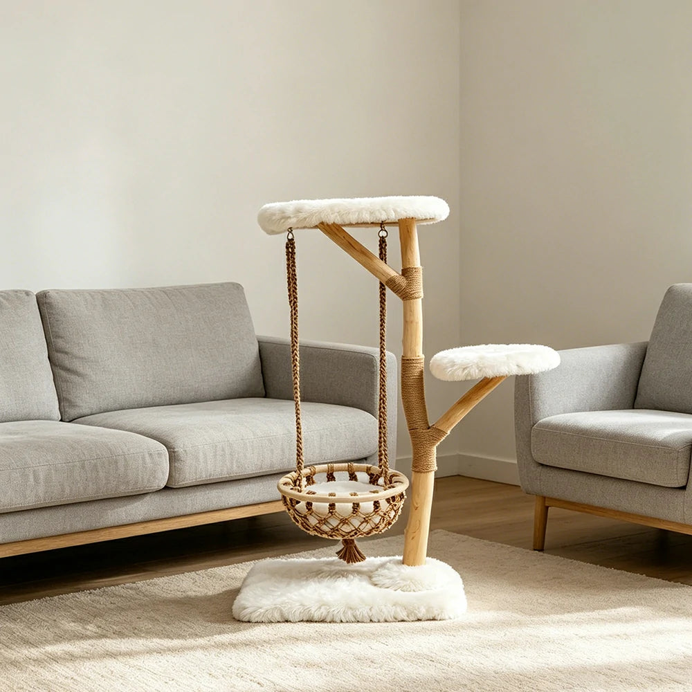 PAWORA Cloud Swing Wood Cat Tree - 120cm Medium Solid Wood Cat Tower with Hanging Basket - White