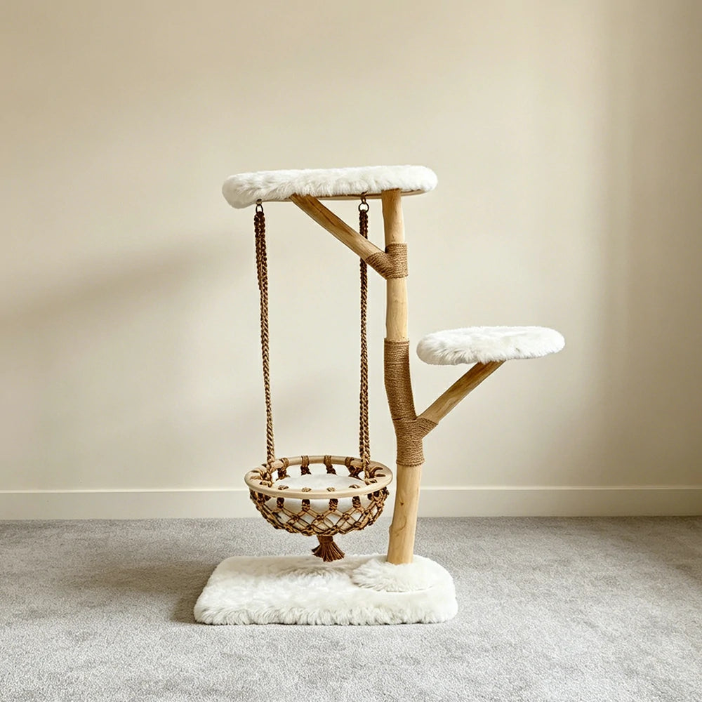 PAWORA Cloud Swing Wood Cat Tree - 120cm Medium Solid Wood Cat Tower with Hanging Basket - White