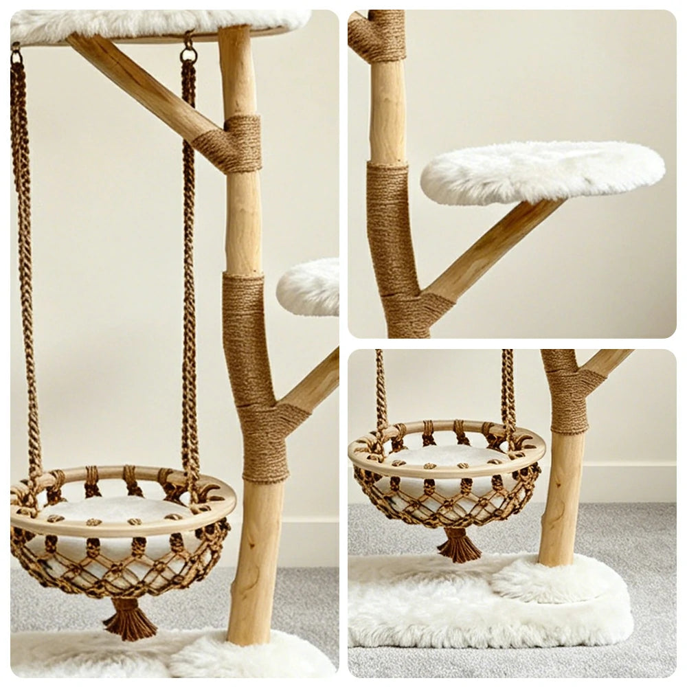 PAWORA Cloud Swing Wood Cat Tree - 120cm Medium Solid Wood Cat Tower with Hanging Basket - White