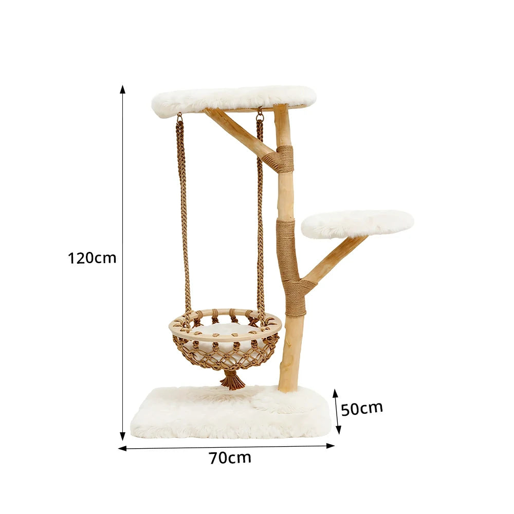 PAWORA Cloud Swing Wood Cat Tree - 120cm Medium Solid Wood Cat Tower with Hanging Basket - White