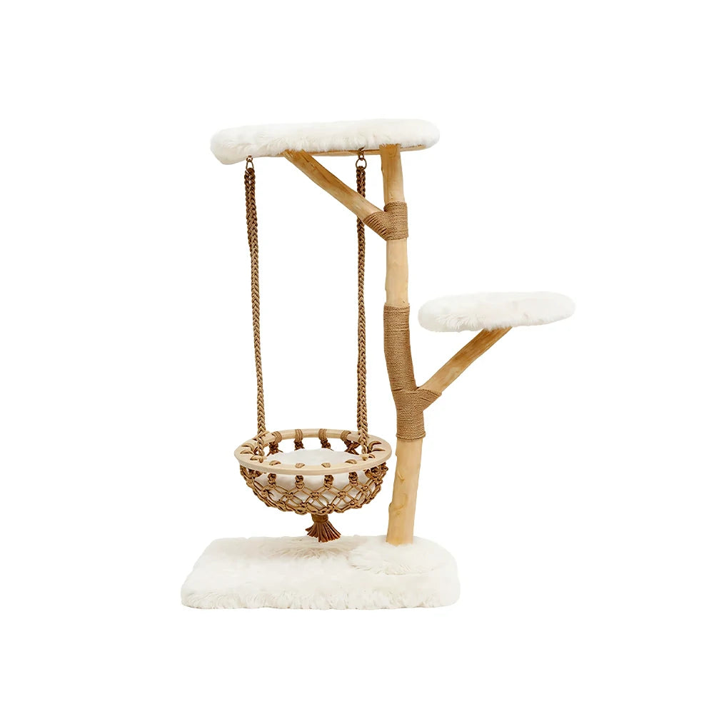 PAWORA Cloud Swing Wood Cat Tree - 120cm Medium Solid Wood Cat Tower with Hanging Basket - White