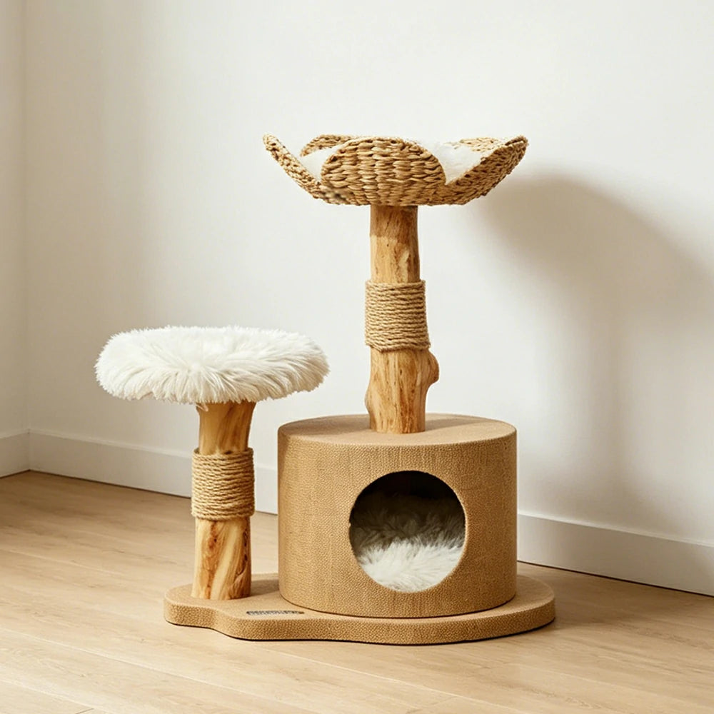 PAWORA Cattail Cat Tree with Natural Wood Scratching Posts 74cm Indoor Cat Condo - Beige