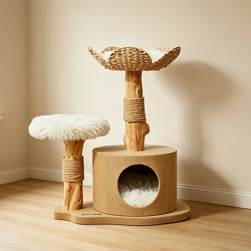 PAWORA Cattail Cat Tree with Natural Wood Scratching Posts 74cm Indoor Cat Condo - Beige