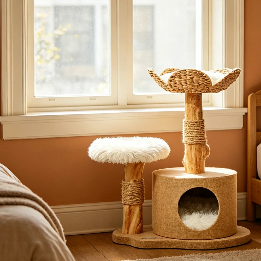 PAWORA Cattail Cat Tree with Natural Wood Scratching Posts 74cm Indoor Cat Condo - Beige