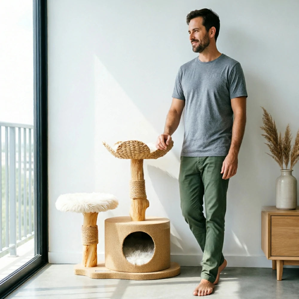 PAWORA Cattail Cat Tree with Natural Wood Scratching Posts 74cm Indoor Cat Condo - Beige