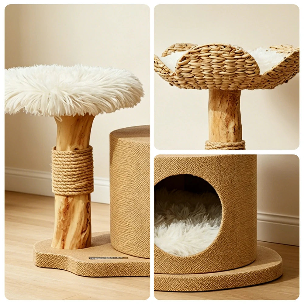 PAWORA Cattail Cat Tree with Natural Wood Scratching Posts 74cm Indoor Cat Condo - Beige