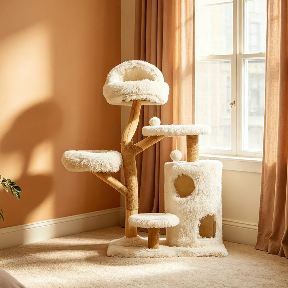 PAWORA Multi Level Cat Tree with Natural Wood Scratching Posts 132.5cm Indoor Cat Condo - Beige