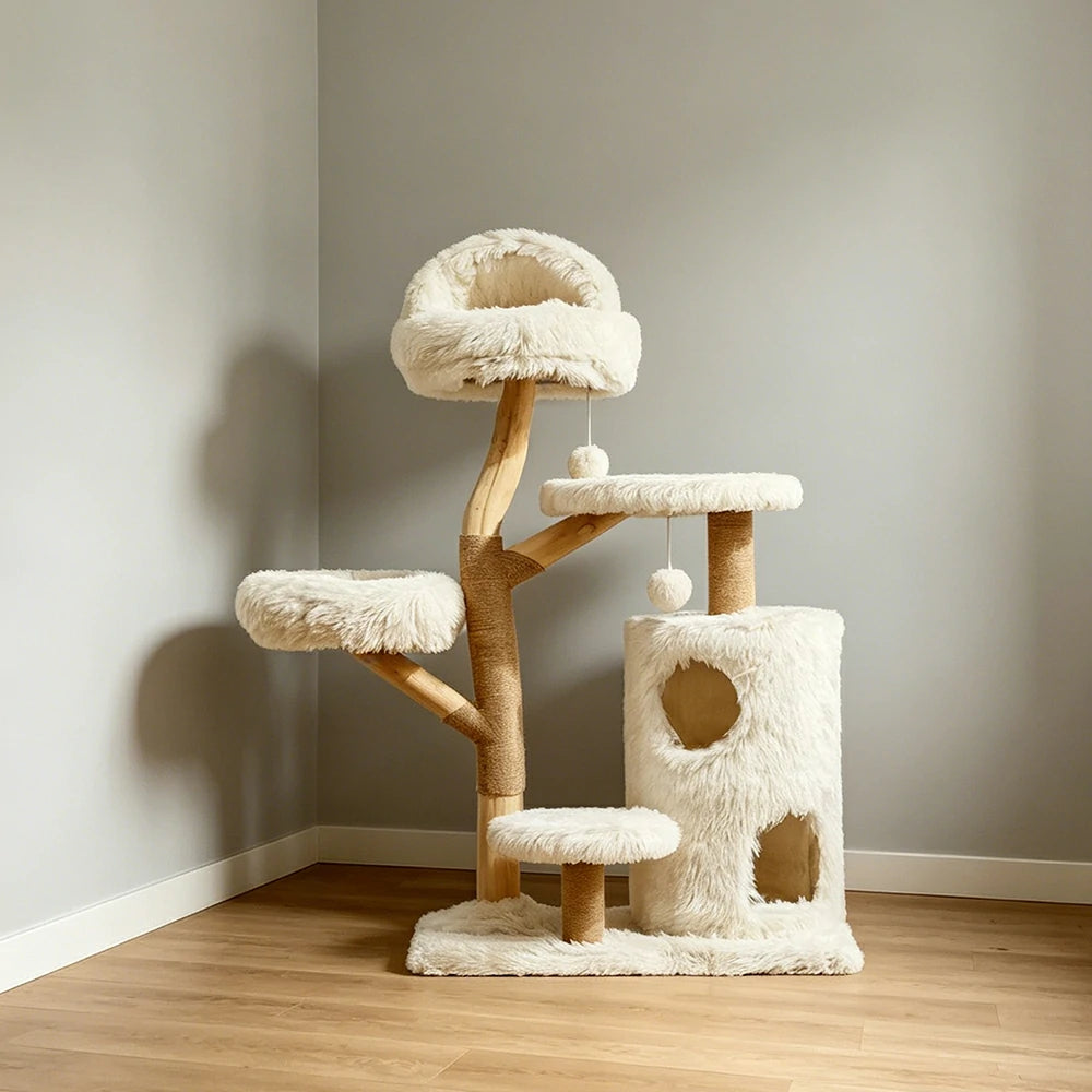 PAWORA Multi Level Cat Tree with Natural Wood Scratching Posts 132.5cm Indoor Cat Condo - Beige