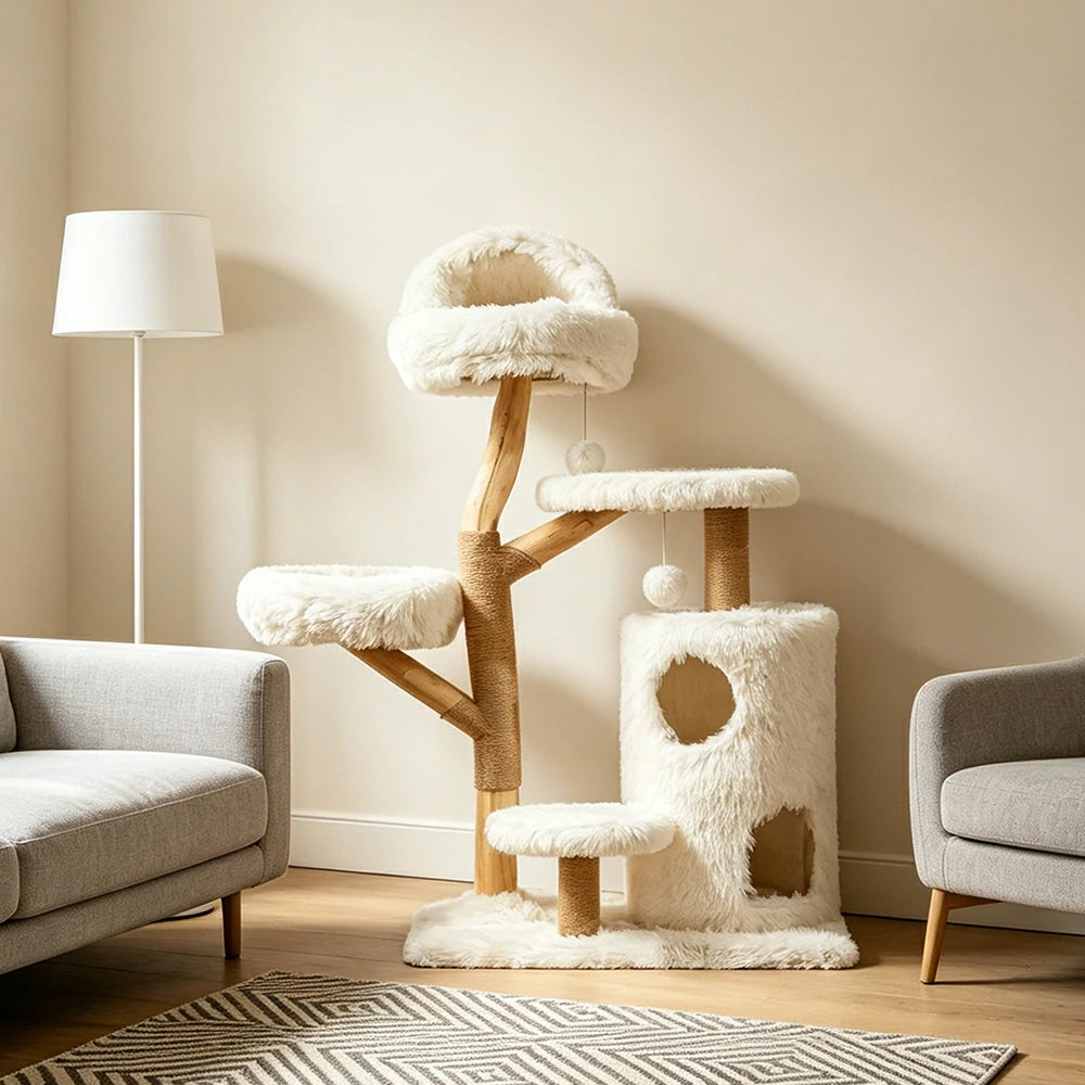 PAWORA Multi Level Cat Tree with Natural Wood Scratching Posts 132.5cm Indoor Cat Condo - Beige