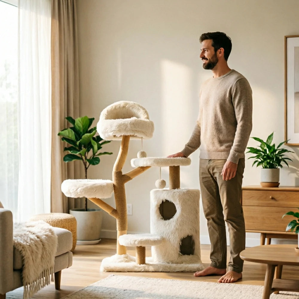 PAWORA Multi Level Cat Tree with Natural Wood Scratching Posts 132.5cm Indoor Cat Condo - Beige