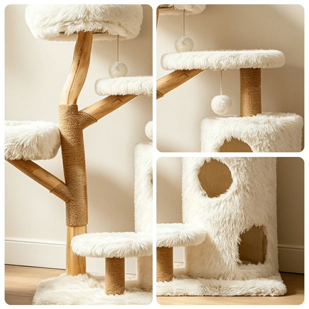 PAWORA Multi Level Cat Tree with Natural Wood Scratching Posts 132.5cm Indoor Cat Condo - Beige