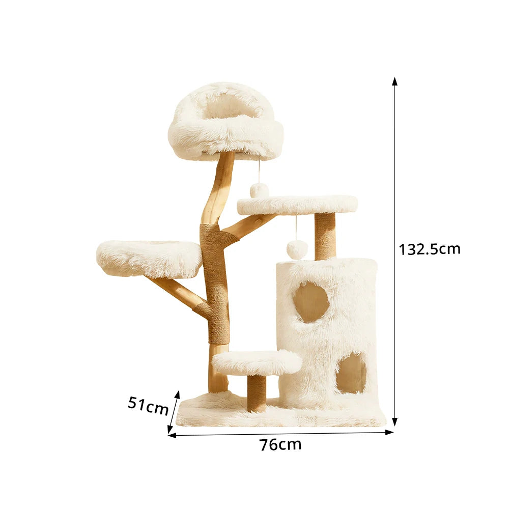 PAWORA Multi Level Cat Tree with Natural Wood Scratching Posts 132.5cm Indoor Cat Condo - Beige