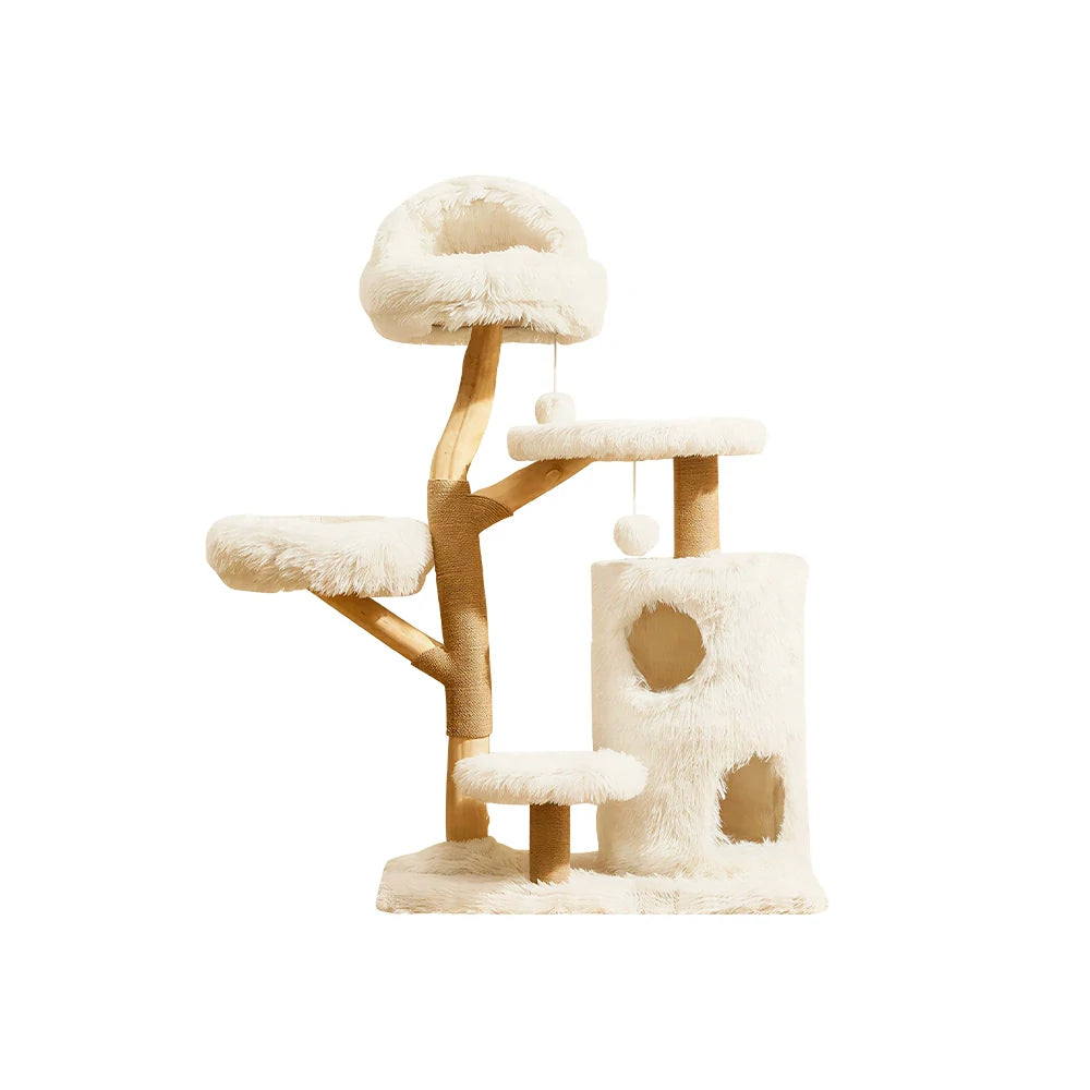 PAWORA Multi Level Cat Tree with Natural Wood Scratching Posts 132.5cm Indoor Cat Condo - Beige