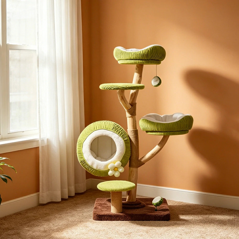 PAWORA Coconut Cat Tree with Natural Wood Scratching Posts 136cm Indoor Cat Condo - Green