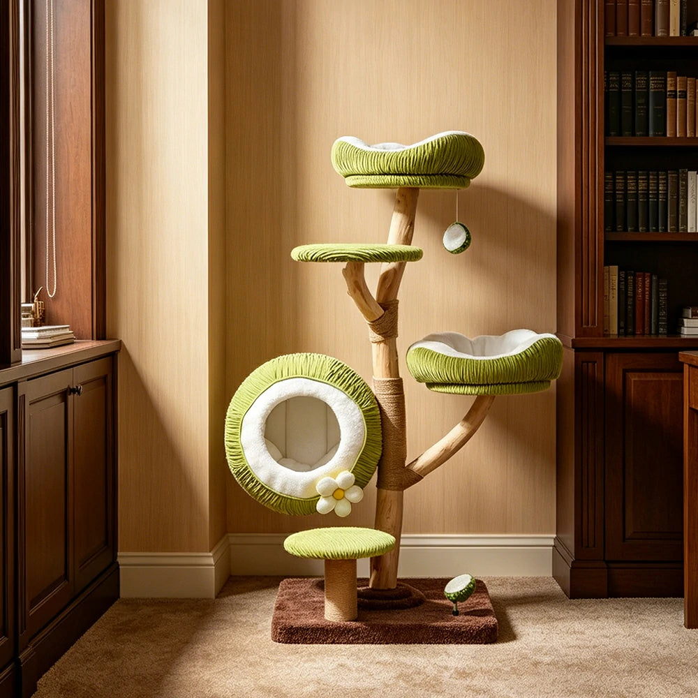 PAWORA Coconut Cat Tree with Natural Wood Scratching Posts 136cm Indoor Cat Condo - Green