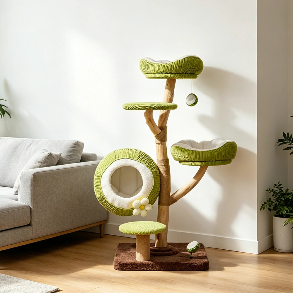 PAWORA Coconut Cat Tree with Natural Wood Scratching Posts 136cm Indoor Cat Condo - Green