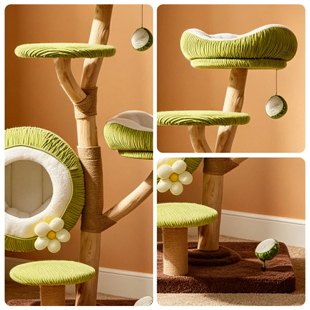 PAWORA Coconut Cat Tree with Natural Wood Scratching Posts 136cm Indoor Cat Condo - Green