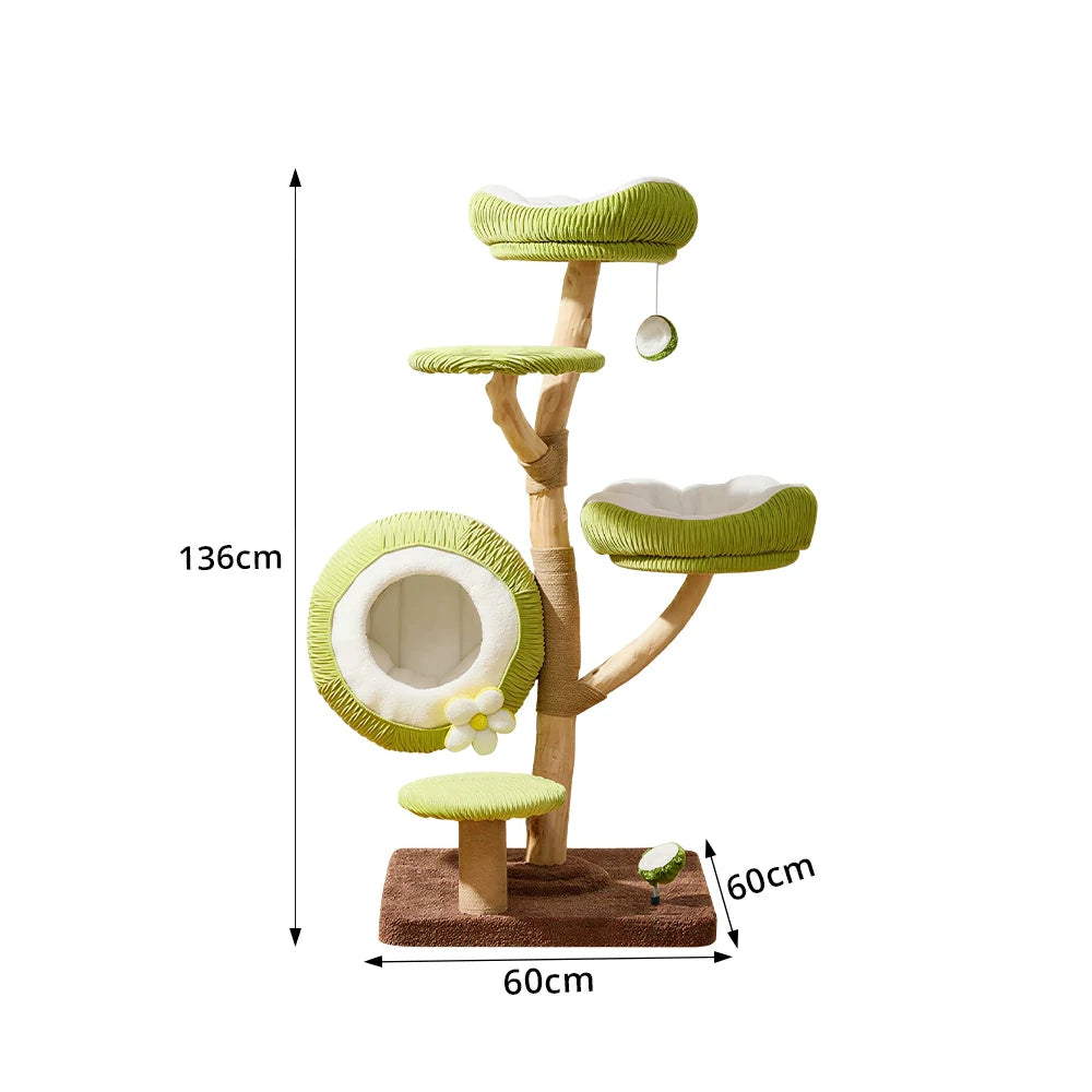 PAWORA Coconut Cat Tree with Natural Wood Scratching Posts 136cm Indoor Cat Condo - Green