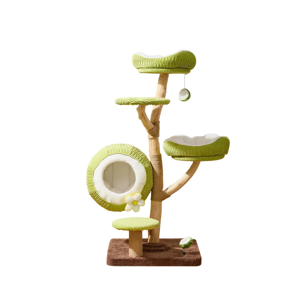 PAWORA Coconut Cat Tree with Natural Wood Scratching Posts 136cm Indoor Cat Condo - Green