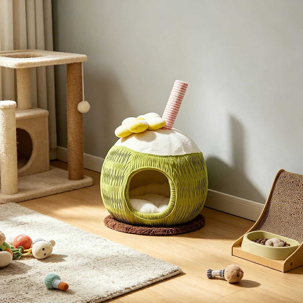PAWORA Coconut Style Cat Hideaway Bed with Scratching Post Compact 48cm Indoor Pet Resting Nest - Green