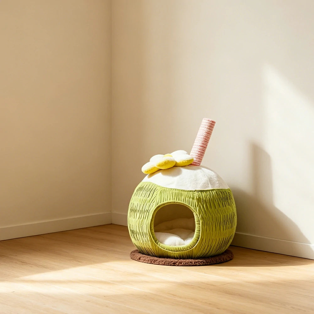 PAWORA Coconut Style Cat Hideaway Bed with Scratching Post Compact 48cm Indoor Pet Resting Nest - Green