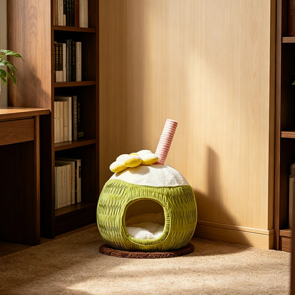 PAWORA Coconut Style Cat Hideaway Bed with Scratching Post Compact 48cm Indoor Pet Resting Nest - Green