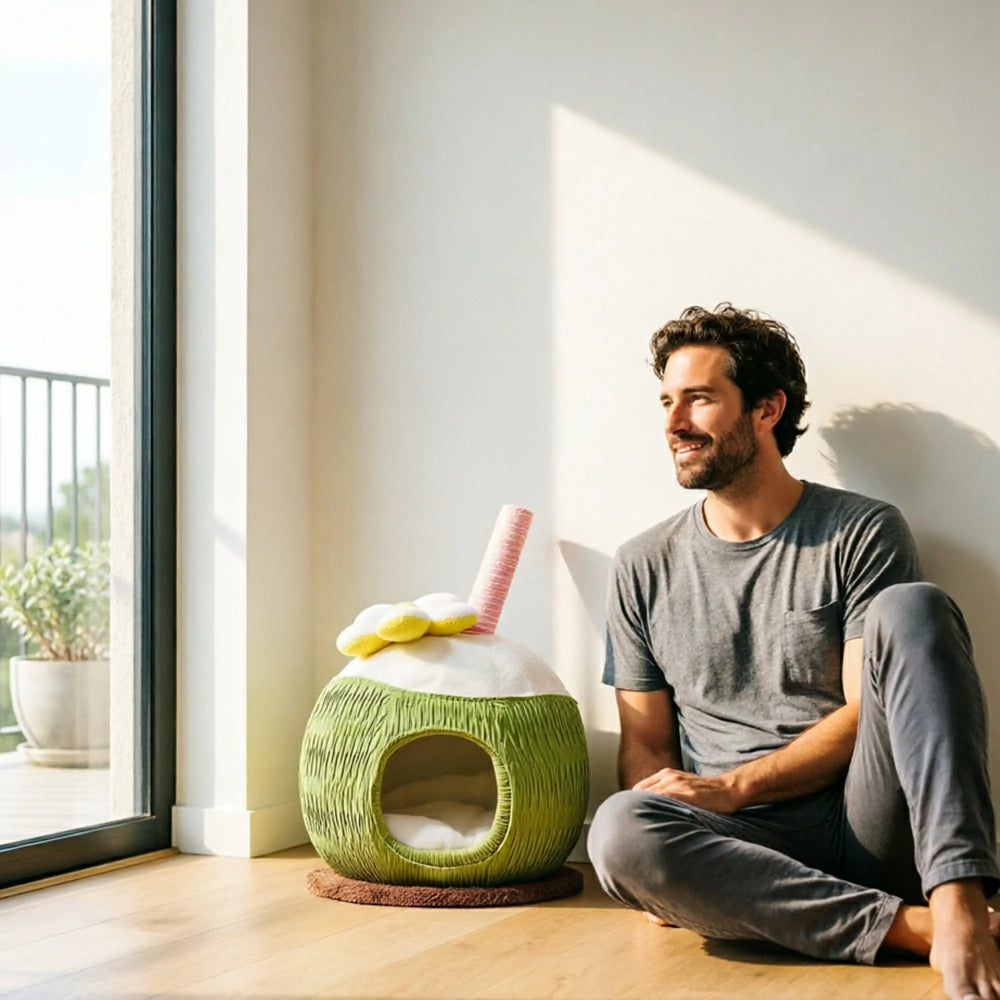 PAWORA Coconut Style Cat Hideaway Bed with Scratching Post Compact 48cm Indoor Pet Resting Nest - Green