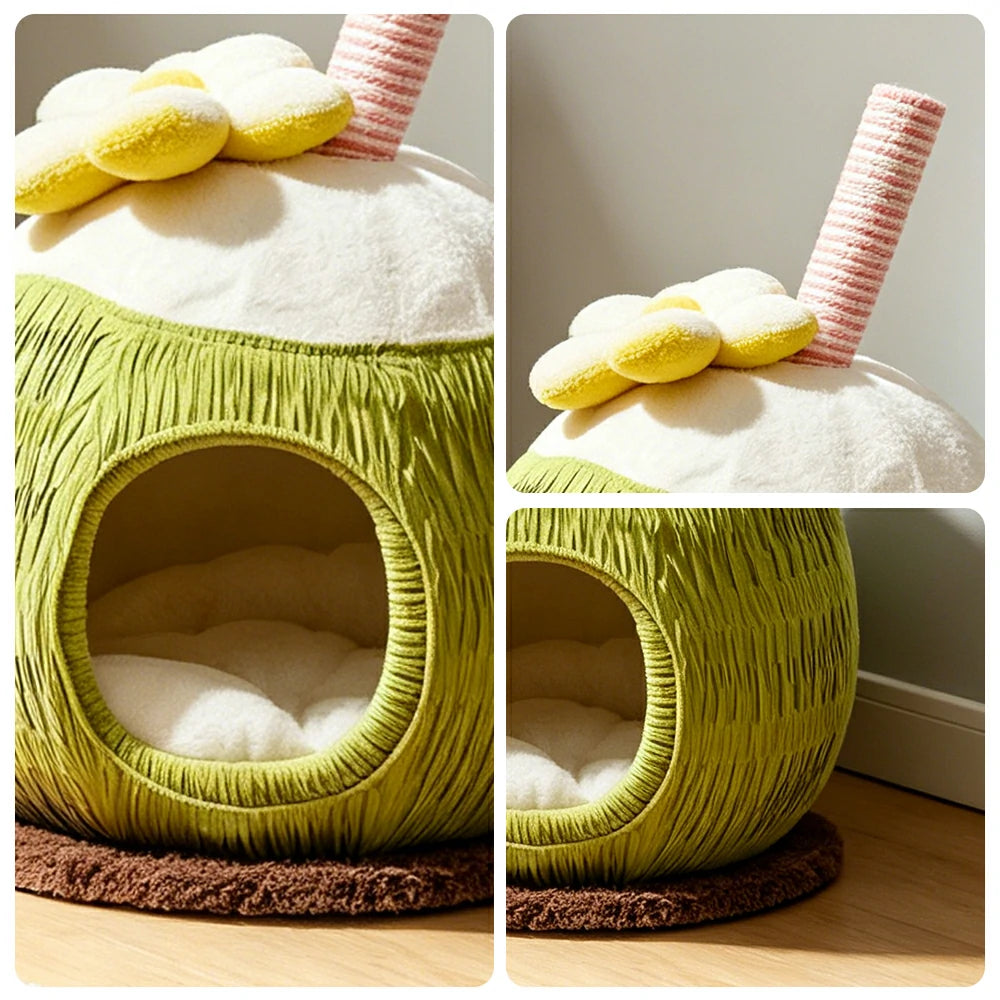 PAWORA Coconut Style Cat Hideaway Bed with Scratching Post Compact 48cm Indoor Pet Resting Nest - Green