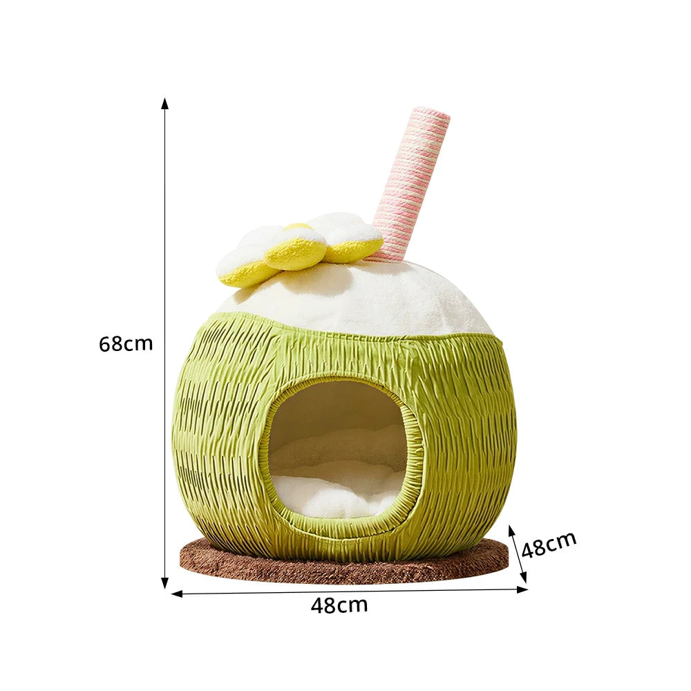 PAWORA Coconut Style Cat Hideaway Bed with Scratching Post Compact 48cm Indoor Pet Resting Nest - Green