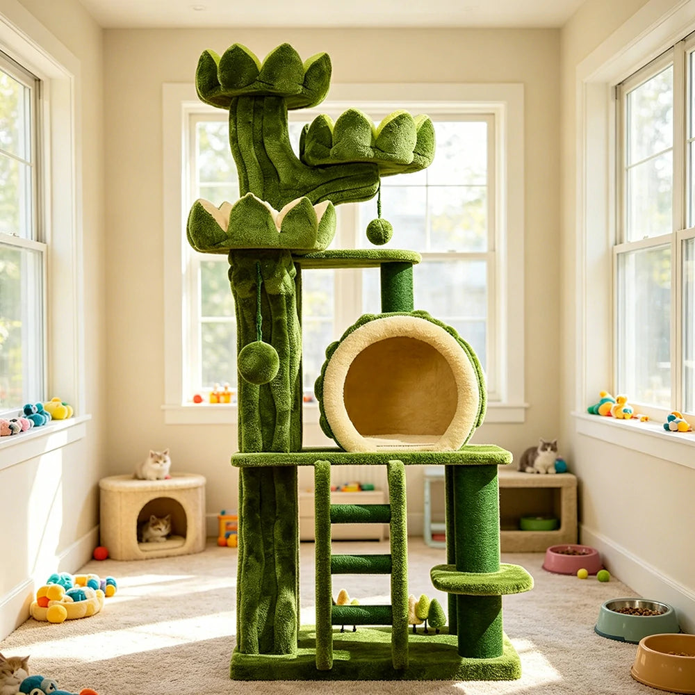PAWORA Lotus Castle Cat Tree - 204cm Multi-Level Scratching Post for Large Indoor Cats - Green