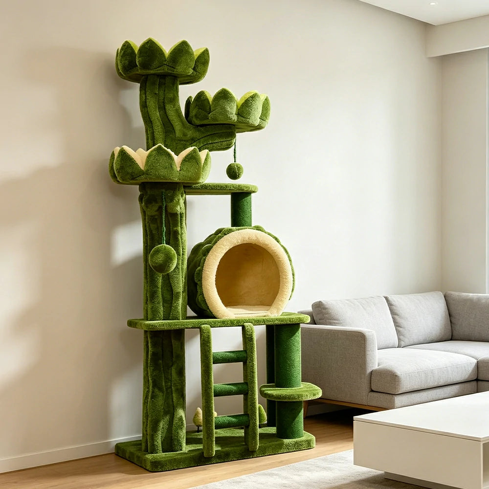 PAWORA Lotus Castle Cat Tree - 204cm Multi-Level Scratching Post for Large Indoor Cats - Green