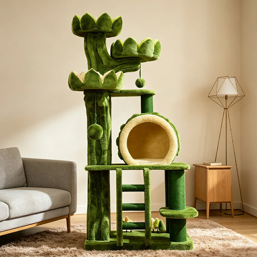 PAWORA Lotus Castle Cat Tree - 204cm Multi-Level Scratching Post for Large Indoor Cats - Green