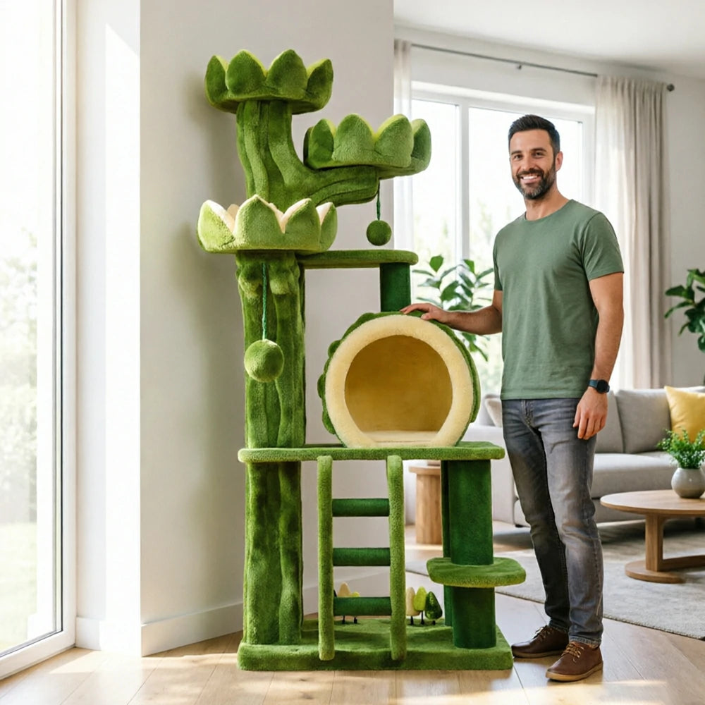 PAWORA Lotus Castle Cat Tree - 204cm Multi-Level Scratching Post for Large Indoor Cats - Green