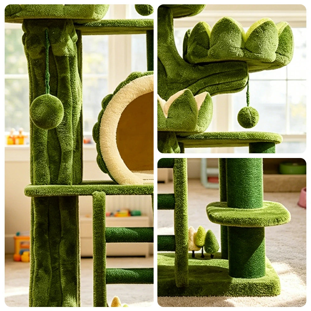 PAWORA Lotus Castle Cat Tree - 204cm Multi-Level Scratching Post for Large Indoor Cats - Green