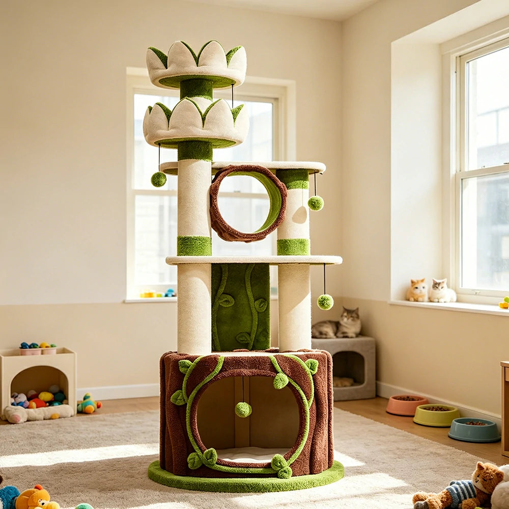 PAWORA Lotus Castle Cat Tree - 186cm Multi-Level Cat Tower with Hideaway and Scratching Posts - White Green