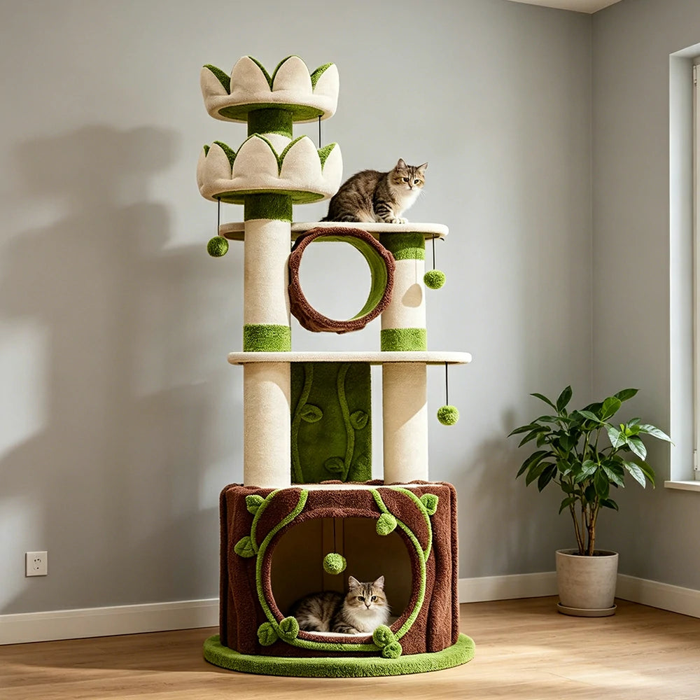 PAWORA Lotus Castle Cat Tree - 186cm Multi-Level Cat Tower with Hideaway and Scratching Posts - White Green