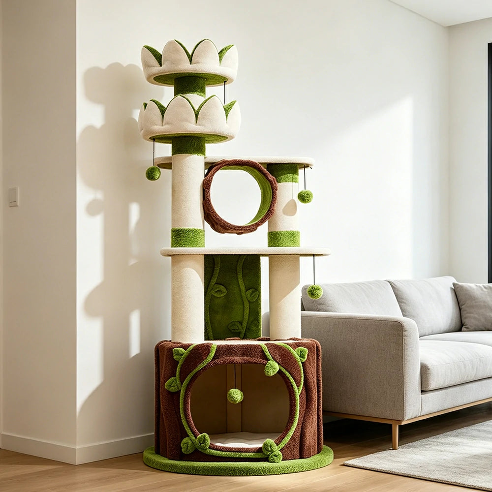 PAWORA Lotus Castle Cat Tree - 186cm Multi-Level Cat Tower with Hideaway and Scratching Posts - White Green